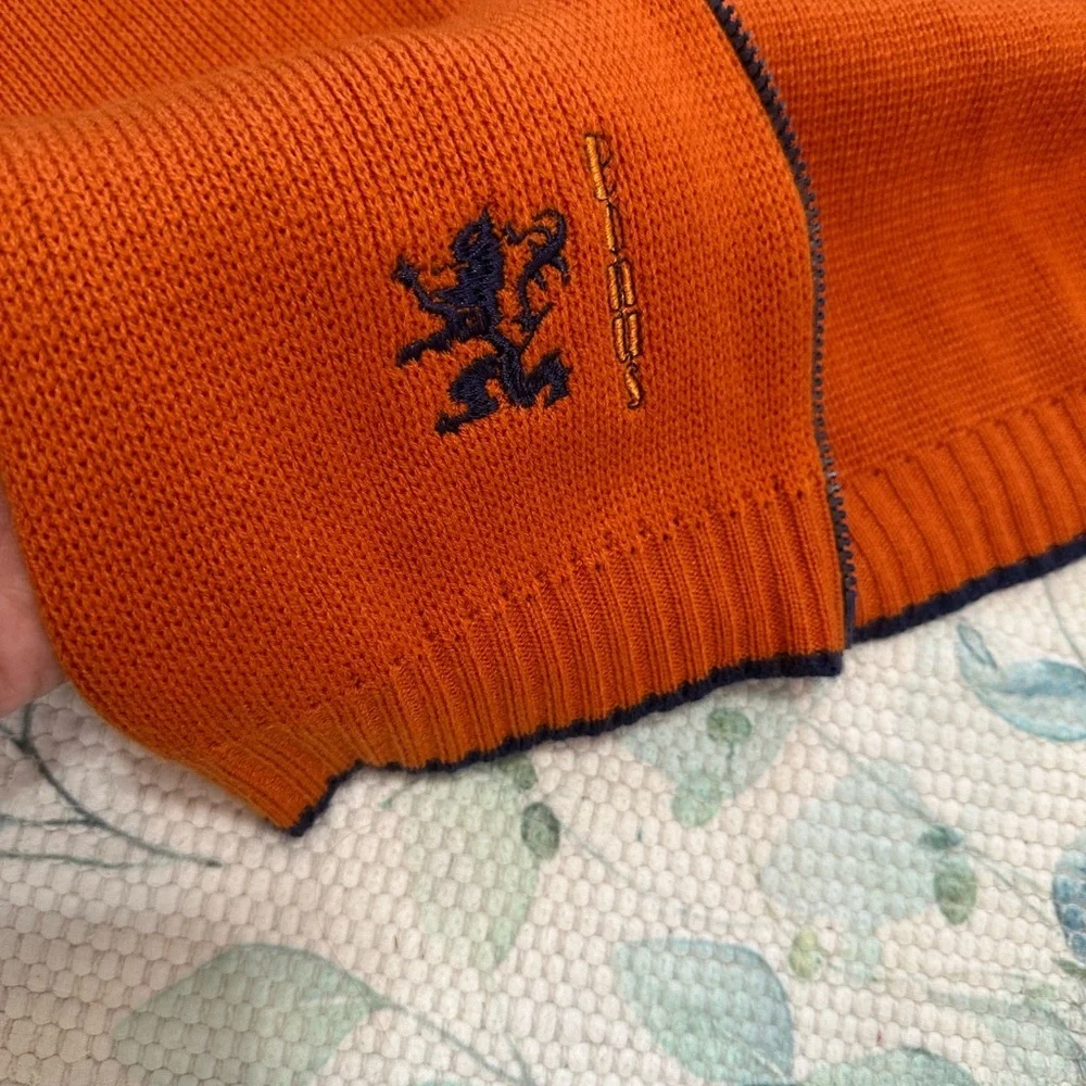 Vintage Boys Orange Navy Blue Knit Sweater Jacket Coat Size Small Netherlands